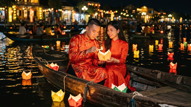 Vietnamese couple releasing glowing lanterns on a river in Hoi An ancient town at night