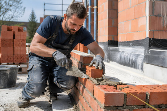 Skilled mason bricklayer spreading mortar with trowel while laying red bricks on wall during house construction