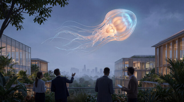 Glowing alien jellyfish seed floating above modern sustainable office rooftops viewed by professionals