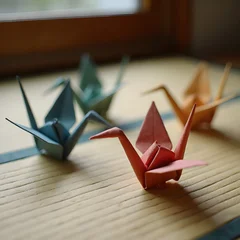 Fotobehang Kraanvogels Origami Paper Cranes on a Tatami Mat  © 和コネクトAI