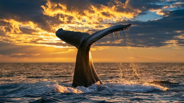 Humpback whale tail fluke diving into the ocean at sunset with golden clouds