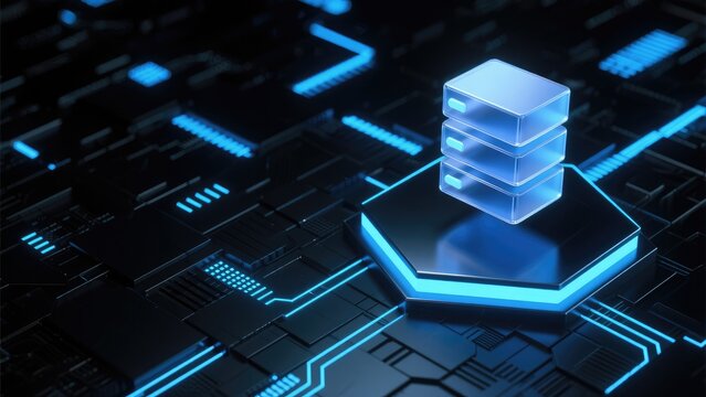 Cloud computing server stack on glowing digital circuit board in dark blue futuristic environment, idea for database, data center, hosting and IT infrastructure banner