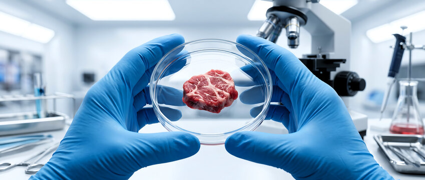 Scientist holding lab grown meat sample in petri dish for cellular agriculture research