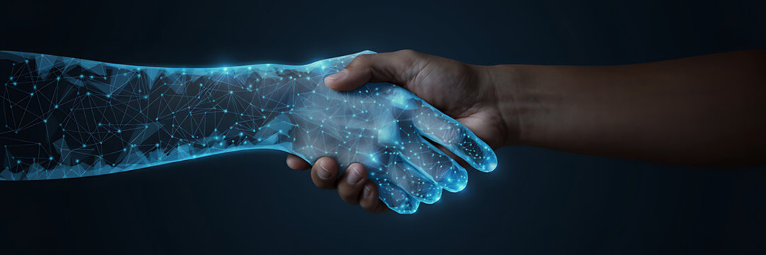 Human hand shaking hands with a robotic hand made of glowing blue digital nodes and lines against a dark background, representing human ai unity
