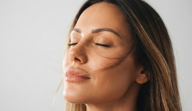 Portrait of a woman with closed eyes and windblown hair against a grey background.