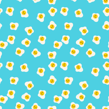Seamless pattern of scattered cute kawaii fried eggs on blue background for kitchen wrap and print.