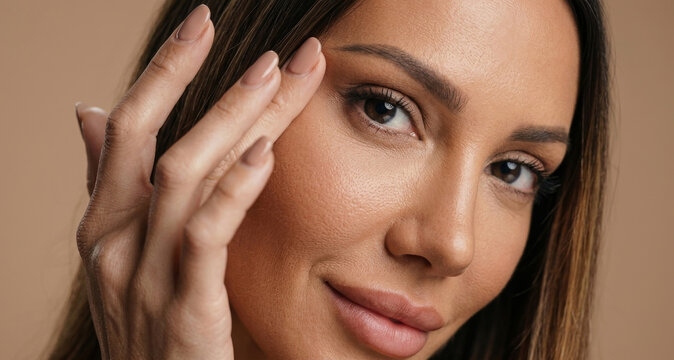 Close-up portrait of a beautiful woman touching her smooth face with manicured fingers.