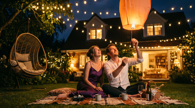 Romantic anniversary date night with sky lantern and couple in garden