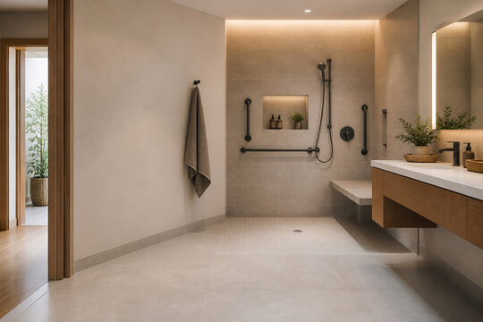 Universal design bathroom interior featuring accessible shower, grab bars, bench, floating vanity, and modern amenities