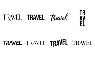 Fototapeta premium Set of various travel word typography designs, creative lettering styles for travel agency, tourism, vacation, and adventure concepts