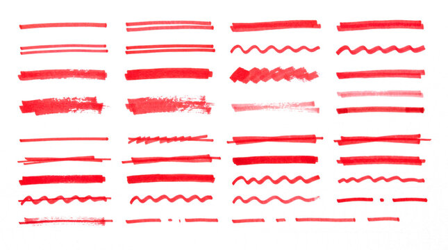 Conjunto de trazos rojos variados sobre fondo transparente. Incluye l&iacute;neas rectas, onduladas, garabateadas, discontinuas y de subrayador con diferentes grosores e intensidades.