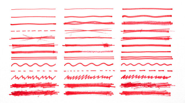 Conjunto de trazos rojos variados sobre fondo transparente. Incluye l&iacute;neas rectas, onduladas, garabateadas, discontinuas y de subrayador con diferentes grosores e intensidades.
