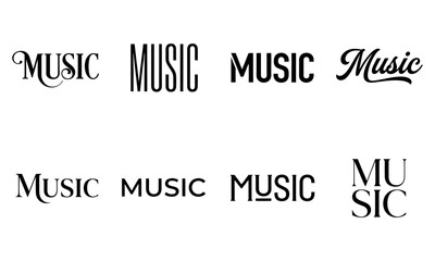 Obraz premium Set of eight creative typography designs of the word music in different styles