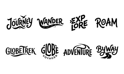 Obraz premium Set of travel and adventure typography logos, handlettered quotes and emblems for wanderlust and exploration