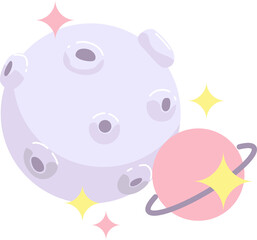 Cute Moon Crater and Saturn Planet Space Flat Illustration Transparent PNG © Nur
