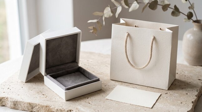 Elegant white gift box and shopping bag branding mockup on travertine stone surface with minimal botanical elements