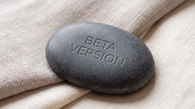 Beta version message engraved on smooth grey rock, symbolizing new product development and software release stages