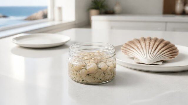 Gourmet marinated scallops in a glass jar rest on a modern white kitchen counter. The coastal ocean view embodies a fresh culinary lifestyle and sustainable seafood choices.