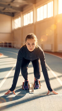 Young female athlete in starting position on indoor track. Looking at camera, focused expression, athletic wear, sunlit scene. Sports training, fitness industry, competitive running.