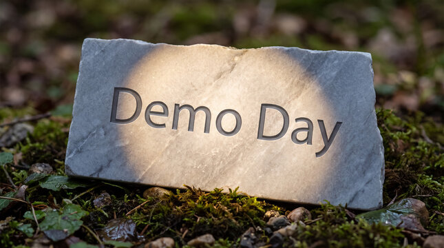Stone tablet showcasing demo day concept, representing new beginnings and startup opportunities outdoors