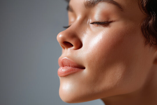 Radiant close up of glowing skin with soft morning light and gentle shadow, serene expression and healthy complexion highlighting smooth texture and natural lip and cheek contours