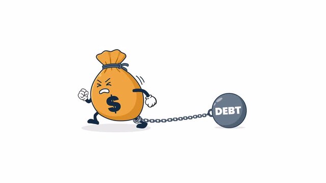 Money bag chained to a debt ball, flat 2D vector animation element on a transparent background representing financial burden and debt pressure.