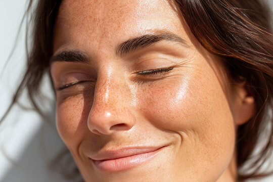 Close up luminous skin relaxed happy mood smooth texture freckled complexion glowing cheek natural beauty radiant skin