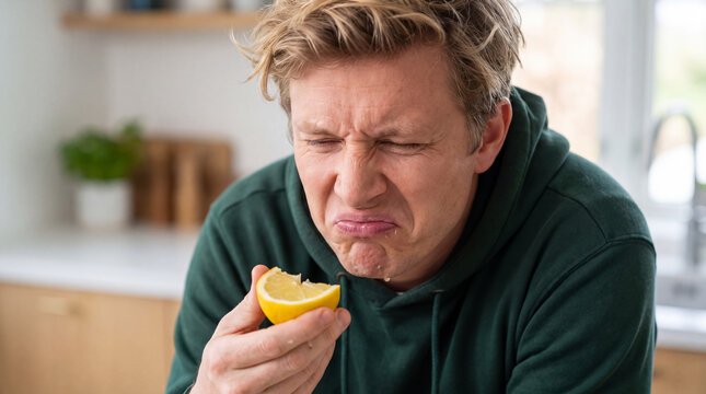 Man reacting to a very sour lemon, scrunching his face with a grimace in the kitchen