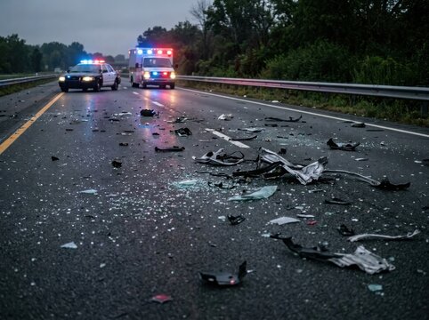 Highway accident scene with emergency vehicles and debris scattered on the road , Dangerous crash accident, Distracted driving, Emergency response, Highway collision