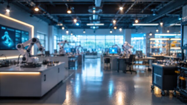 Blurred modern robotics lab workspace automation robotic arm technology facility research innovation laboratory interior industrial production engineering