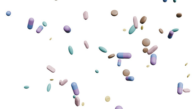 A dynamic display of colorful pills and capsules falling against a black background.