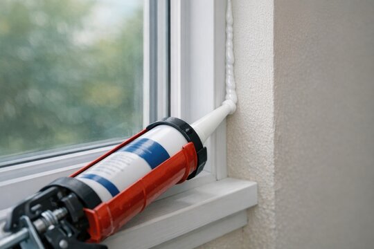 A close-up shot of a window with a glue gun nearby, suitable for DIY or crafting projects