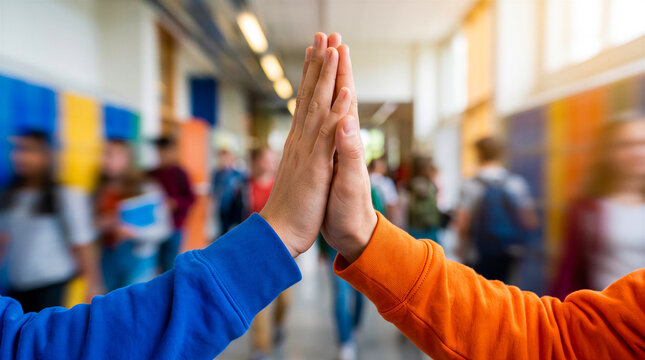 Two students high fiving in school hallway. Education, teamwork, student life, success, school environment.