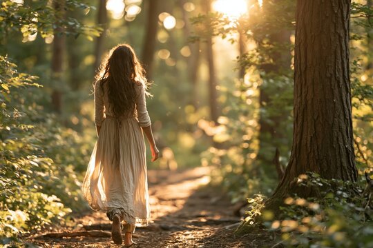 Nature connection and mindfulness woman walking on a forest path at sunset spiritual journey and well-being