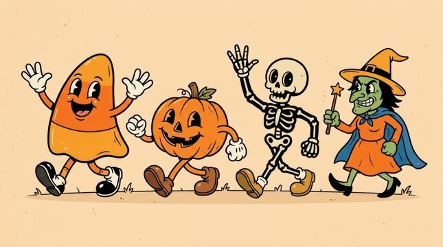Cute retro halloween characters like candy corn pumpkin skeleton and witch walking together in a fun vintage cartoon style for holiday celebration