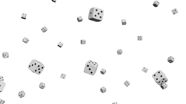 Falling white dice on a black background creating a dynamic scene of chance and opportunity.