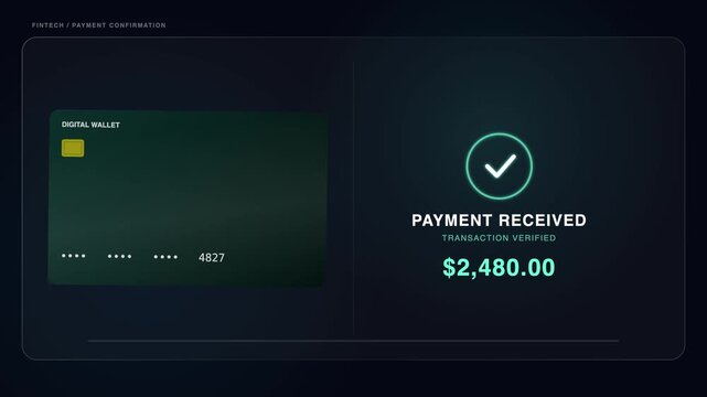 Digital wallet payment received interface, secure online banking transaction verified, dark green credit card with checkmark icon
