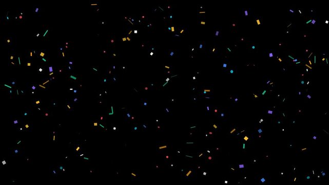 High density colorful paper confetti rain falling down with 3D flutter animation on pure black background seamless loop