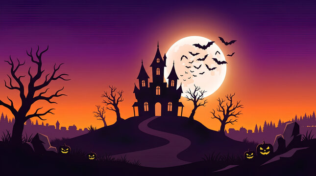 Spooky Halloween background with haunted house silhouette, full moon, flying bats, and carved pumpkins under a purple orange gradient sky