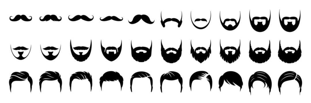 Diverse black silhouette male hairstyle and facial hair icon set featuring mustaches, beards, afros, bald heads, haircuts, grooming styles and vector illustrations.