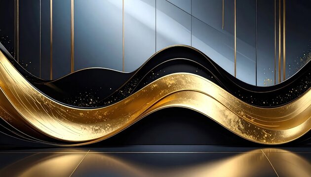 Abstract wavy black and gold background with sparkling particles