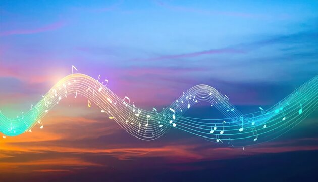Abstract musical notes on wavy staff over sunset sky