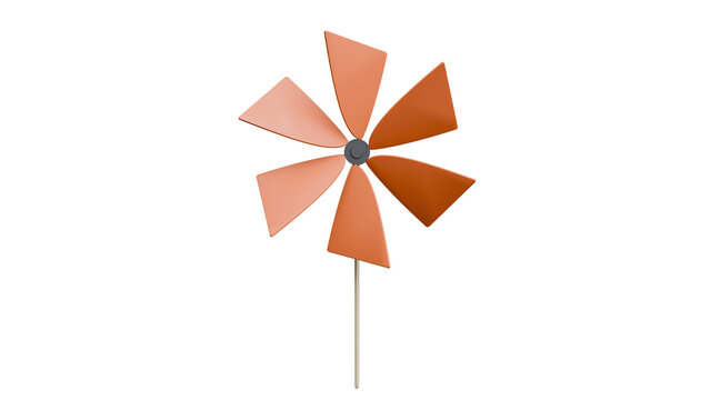 A decorative orange windmill with six blades on a wooden stick against a black background.