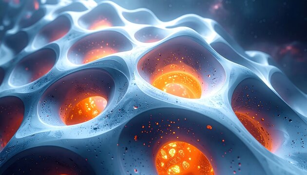 Abstract white cellular structure with glowing orange energy inside