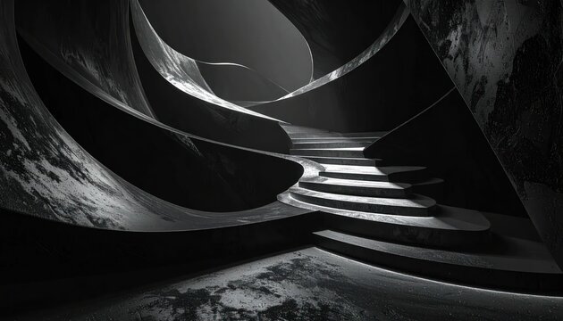 Abstract monochromatic futuristic staircase in curved concrete architectural structure