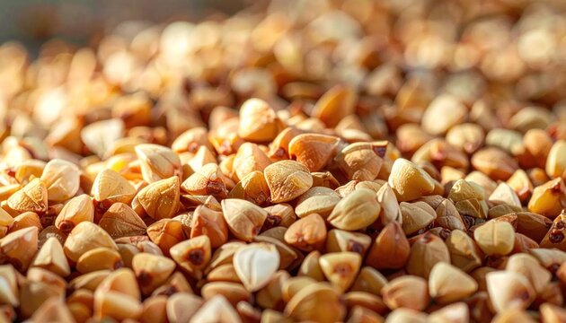 Macro shot of roasted buckwheat groats in natural sunlight