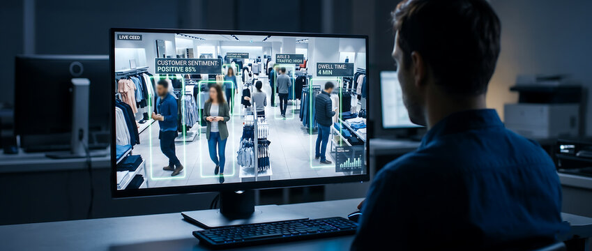 Security operator monitoring retail store surveillance with facial recognition software.