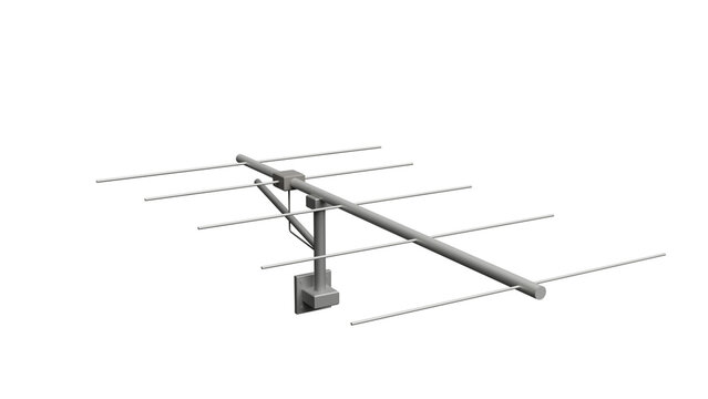 A detailed metal television antenna mounted on a pole against a black background.