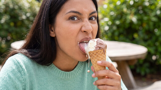 Young woman making a funny face while intensely licking a melting chocolate and vanilla ice cream cone outdoors