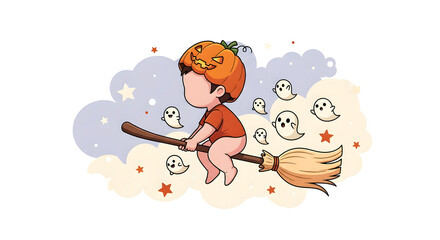 Fototapeta premium Cute child Illustration in pumpkin costume flying on broomstick with ghosts
